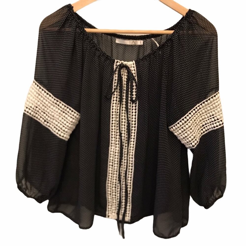 Have Black White Polka Dot Sheer Lace Blouse Fairy Goth Whimsy Size Large